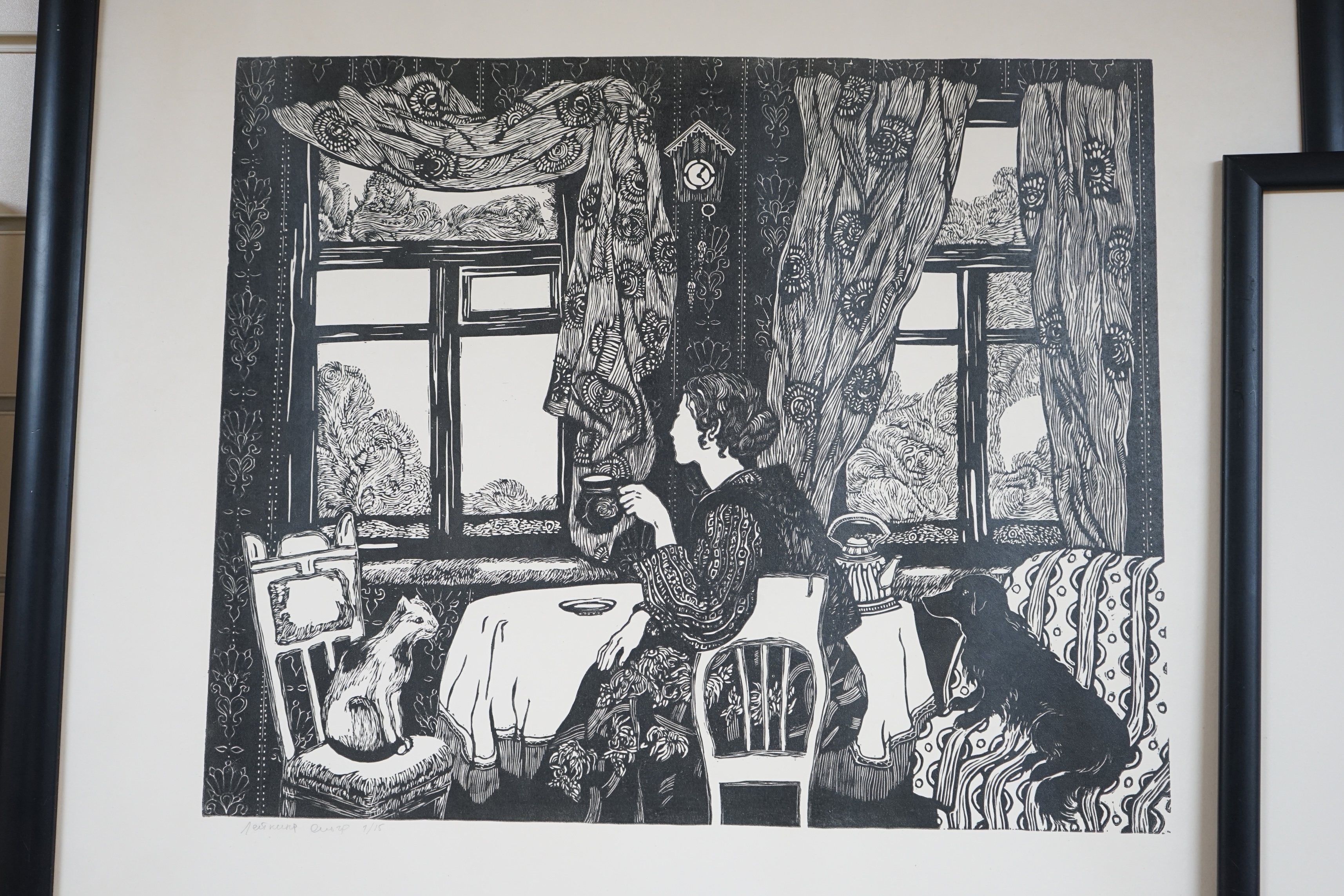 Michael Mattingley, artists proof etching, ‘Rookery’, together with Olga Leykina, linocut, ‘Breakfast’, limited edition 1/15, each signed in pencil, largest 52 x 64cm. Condition - fair to good